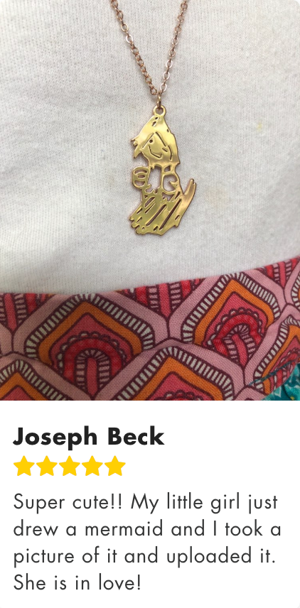 Screenshot of customer reviews for the Forever Necklace, featuring feedback on personalized jewelry made from children's drawings. Real testimonials highlighting quality, sentiment, and customer satisfaction.
