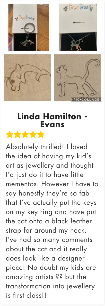 Screenshot of customer reviews for the Forever Necklace, featuring feedback on personalized jewelry made from children's drawings. Real testimonials highlighting quality, sentiment, and customer satisfaction.