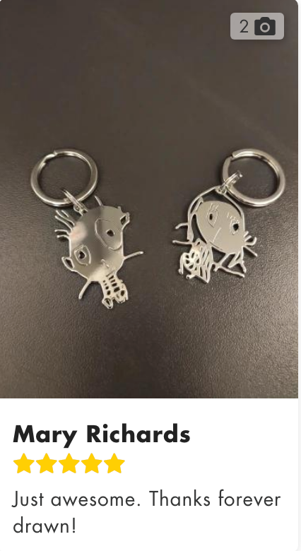 Screenshot of customer reviews for the Forever Keychain, featuring feedback on personalized jewelry made from children's drawings. Real testimonials highlighting quality, sentiment, and customer satisfaction.