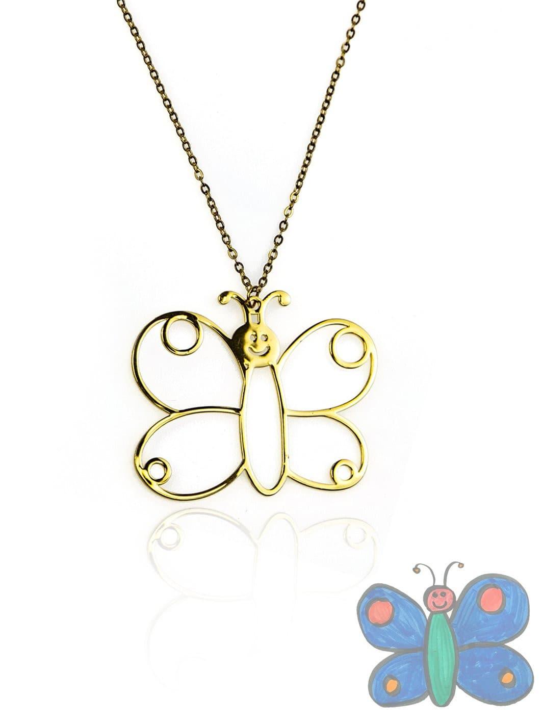 18K Gold Plated - Butterfly: Custom Forever Necklace in 18K Gold Plated. Features a delicate engraving of a child’s butterfly drawing, preserving their creativity forever.
