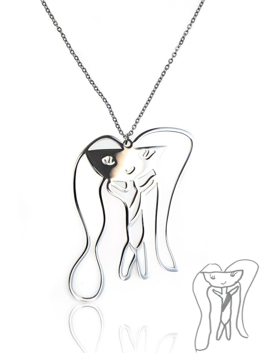 Silver Forever Necklace – A custom silver necklace featuring a child's drawing of a girl, delicately engraved for a timeless keepsake.